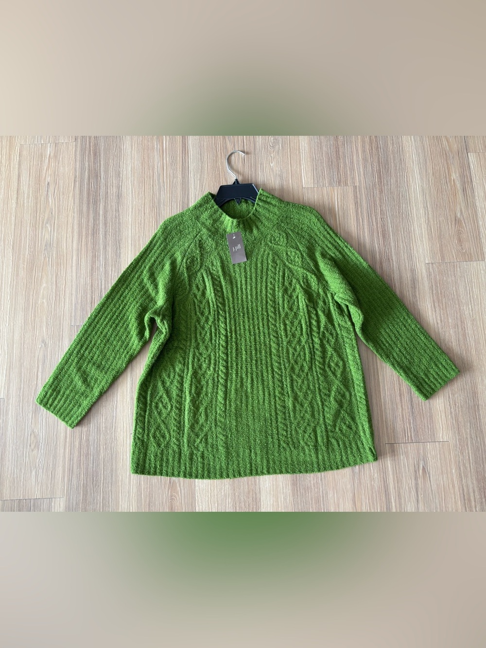 J.Jill Sweater Cable Knit Mock Neck Green Women Petite Large NWT Preppy Classic